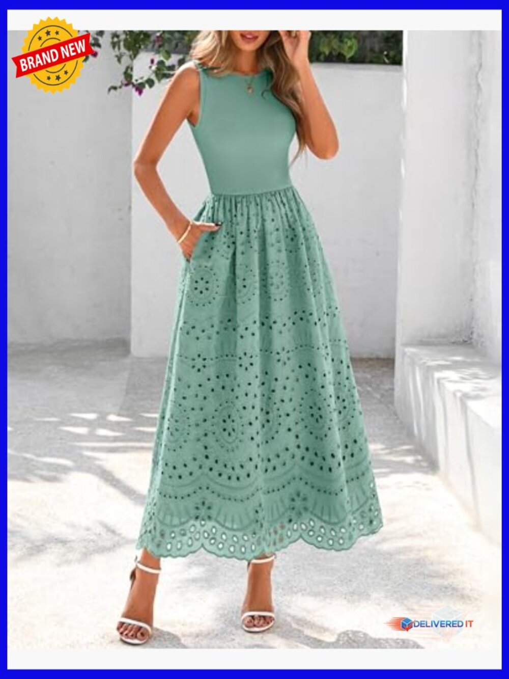Sleeveless Crewneck A-Line Boho Lace Eyelet Cotton Tank Maxi Dress with Pockets - Picture 2 of 7